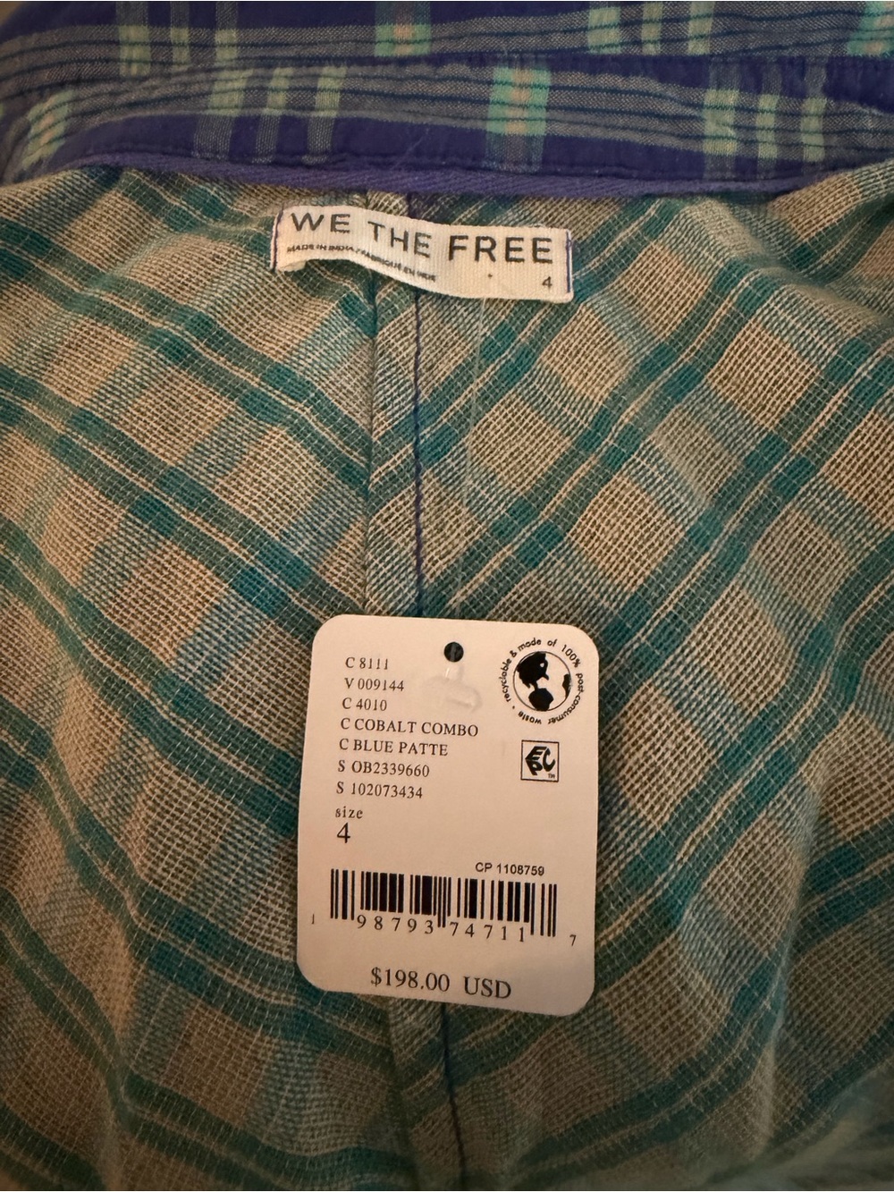 Free People Ruth Plaid Shirt Dress NWT Purple Blue Snap Front Size Small - Picture 6 of 8